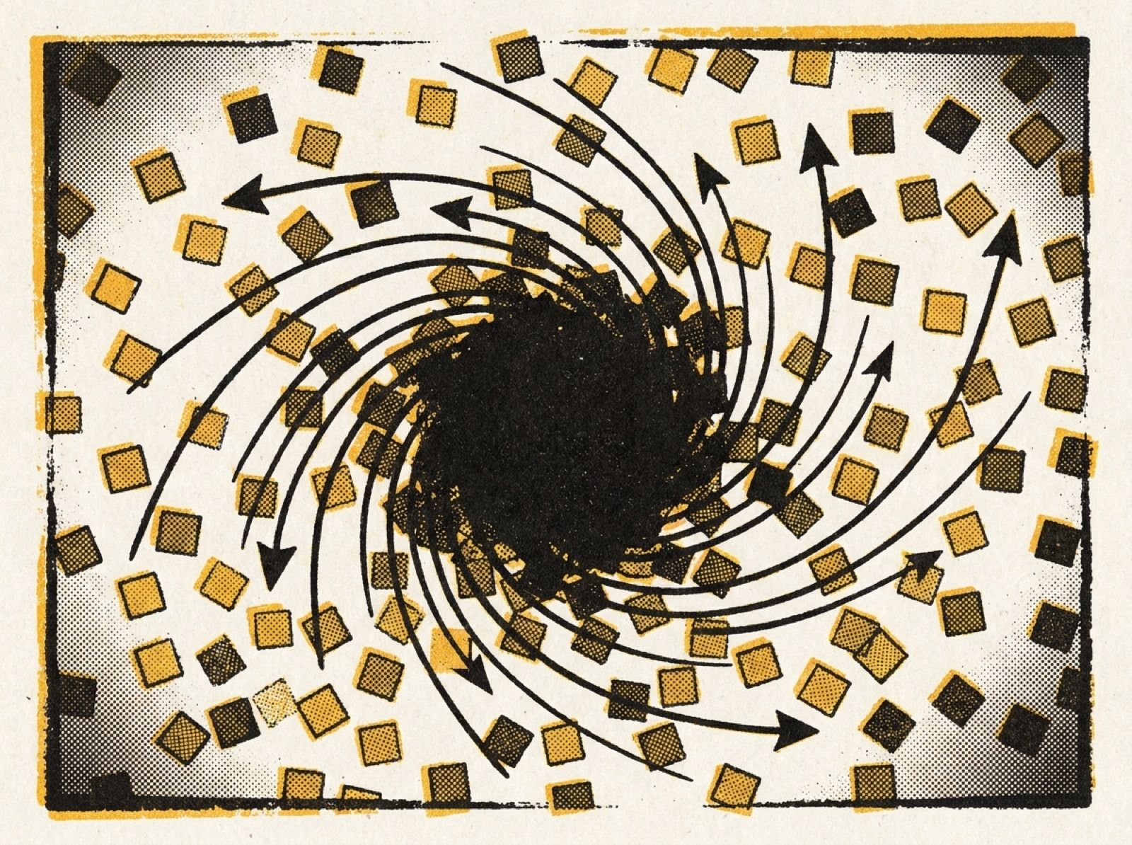 Manifesto artwork: scattered squares pulled into one dense central mass