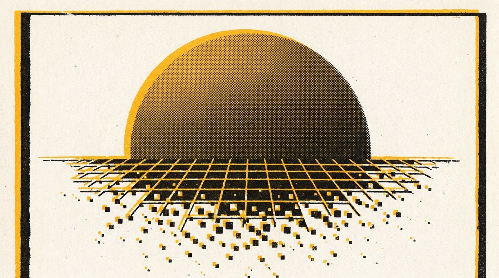 Manifesto artwork: a dithered halftone sun rising over a fracturing grid