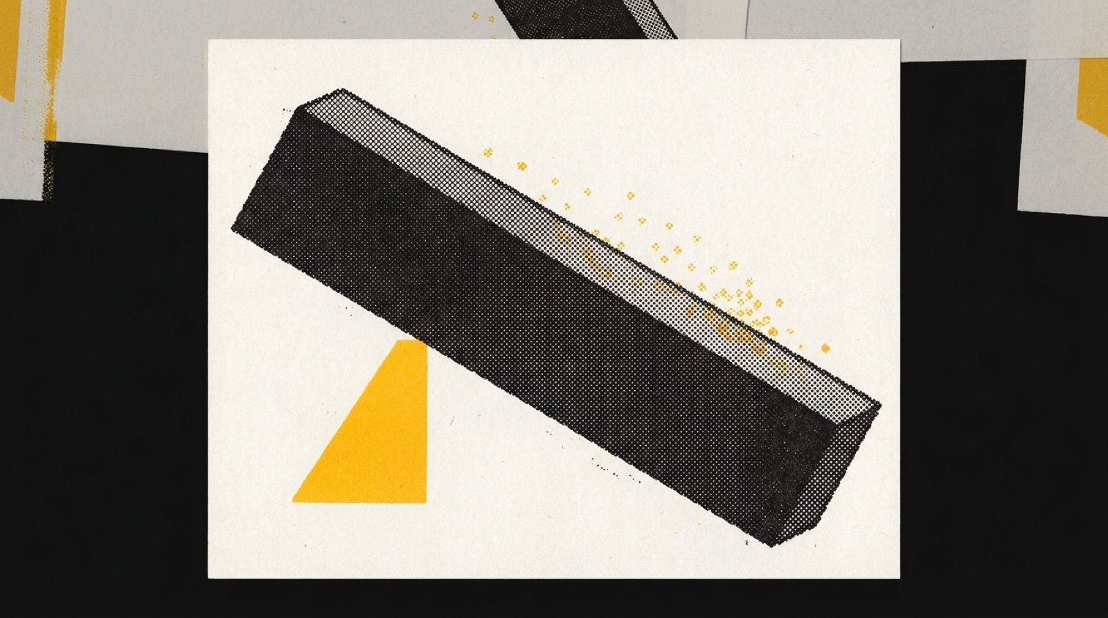 Manifesto artwork: a small yellow wedge tipping a huge black beam