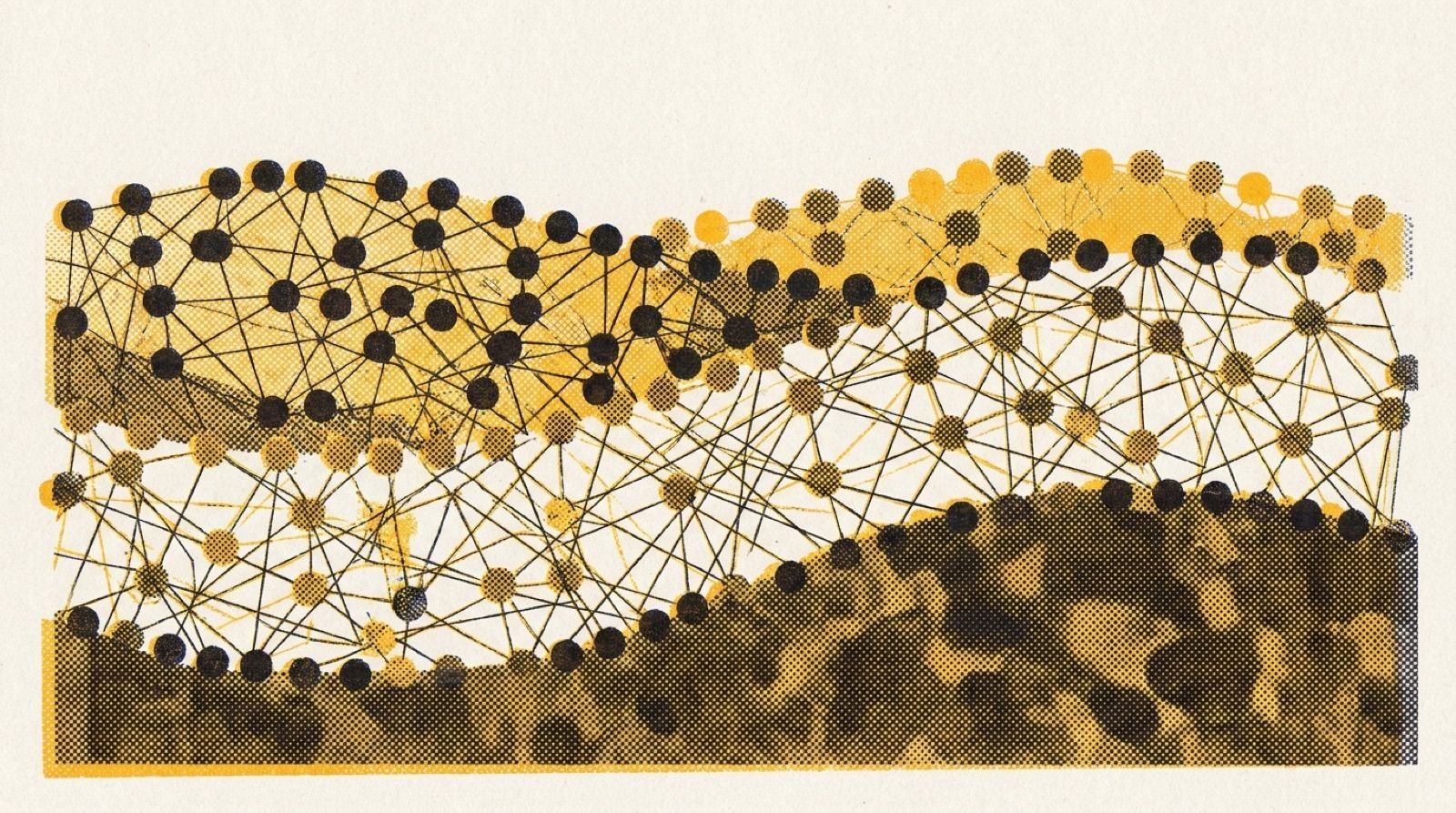 Manifesto artwork: a distributed mesh of small circles across a landscape, no single center