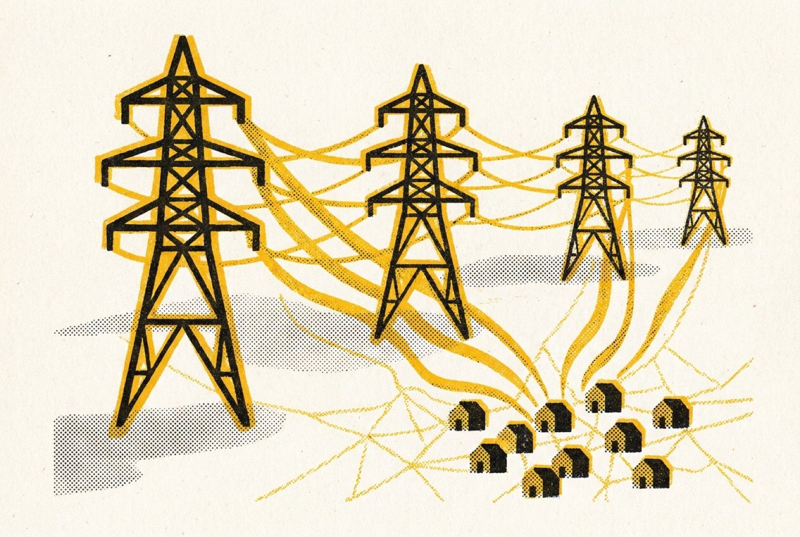 Manifesto artwork: pylons carrying power down to many small houses