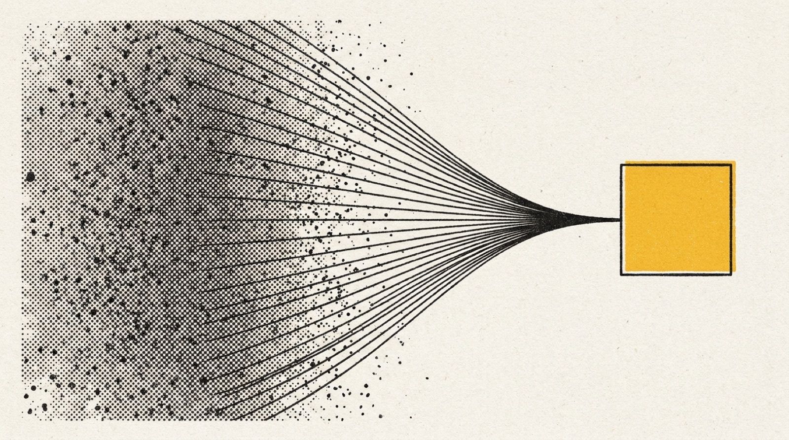 Manifesto artwork: scattered dots converging into one clear square