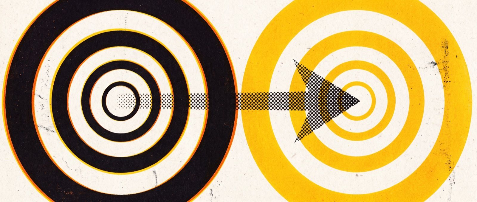 Manifesto artwork: two sets of nested rings, a heavy black-ringed set on the left and a radiant yellow-ringed set on the right, with a halftone arrow flowing from left to right
