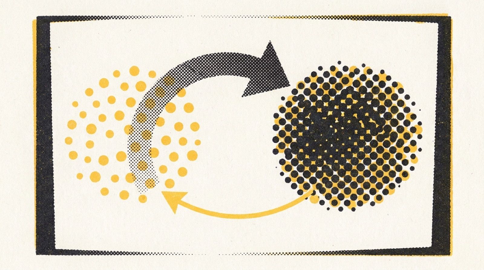 Abstract causal loop artwork: flows between an open cluster and a dense cluster