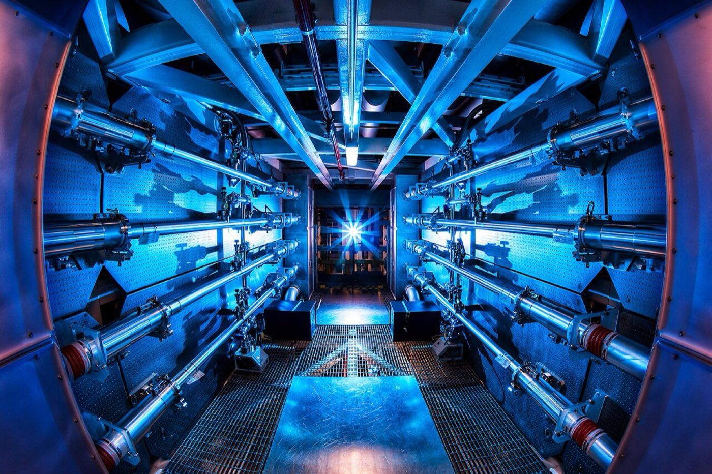 Blue-lit preamplifier bay of the National Ignition Facility
