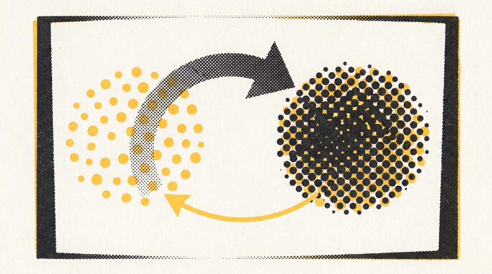 Abstract causal loop artwork: flows between an open cluster and a dense cluster