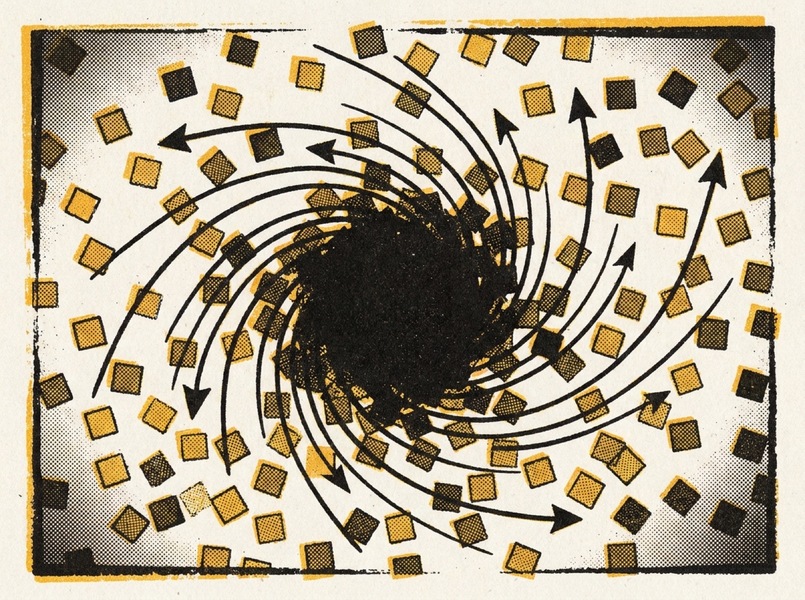 Manifesto artwork: scattered squares pulled into one dense central mass