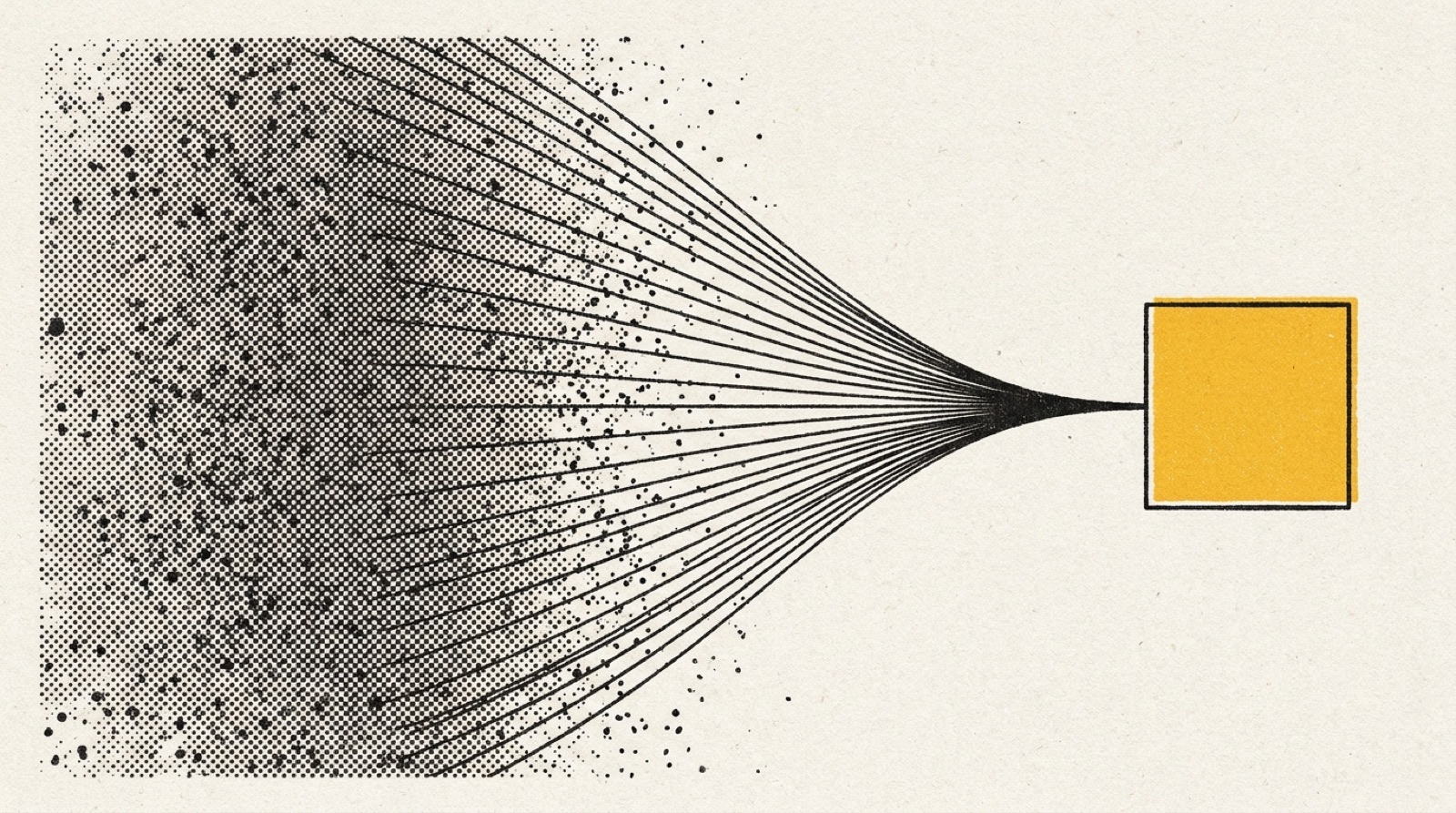 Manifesto artwork: scattered dots converging into one clear square